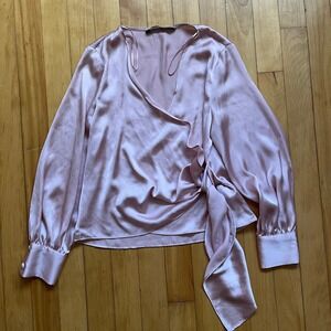 Zara Pink Satin Wrap Blouse Long Sleeve Tie Waist Elegant Top XS
